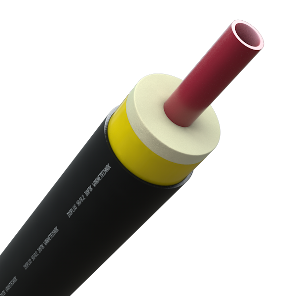 Schwarzes Fernwärmerohr mit gelber Isolierung und rotem Felxrohr